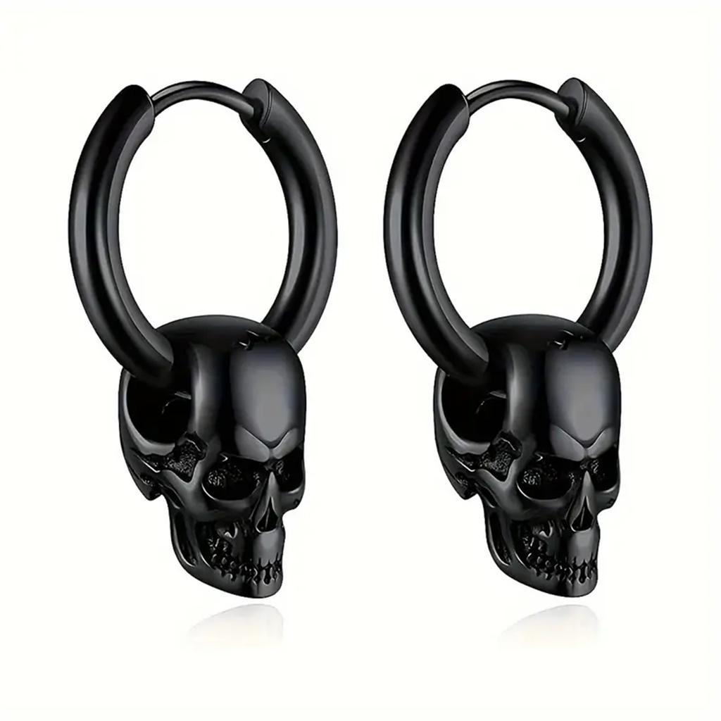 2pcs 316L Stainless Steel Trendy Vintage Skull Earrings For Men, Punk Gothic Hoop Earrings Hyposensitization Piercing Jewelry