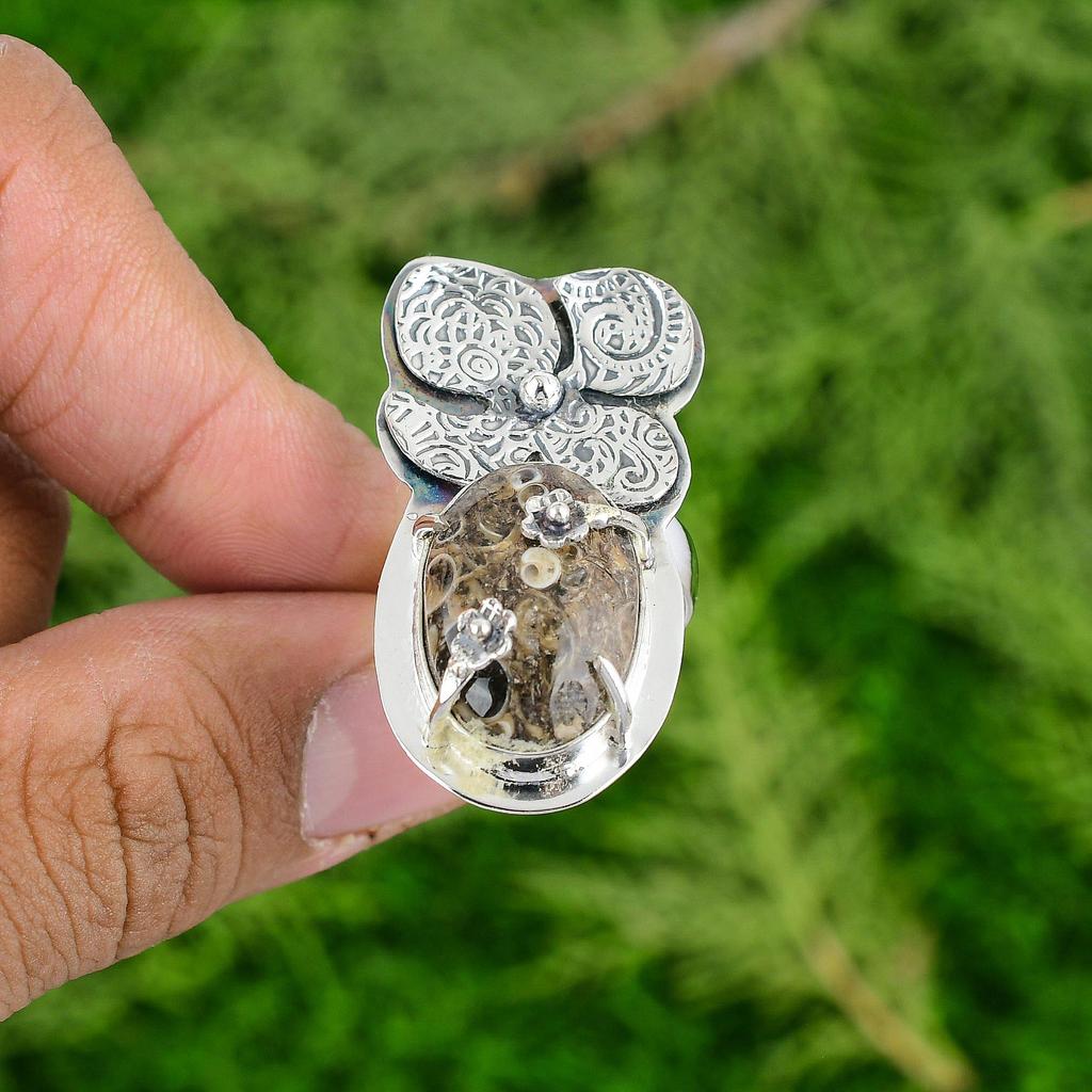 925 Sterling Silver Oval Turritella Agate Stone Statement Flower Ring Jewelry