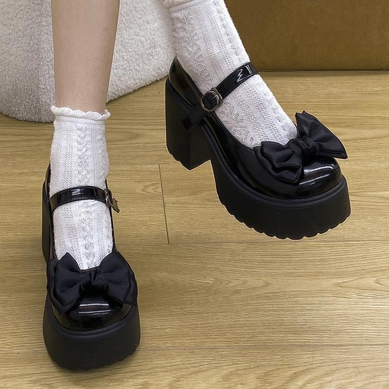 Fashion Bow High Heels Small Leather Shoes Women's Spring and Summer New Thick Heel with Skirt Mary Jane Single Shoes
