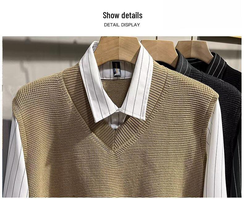 Herren Herbst Preppy Patchwork Zweiteiliges Pullover-Hemd - Langarm Britischer Stil Strickweste