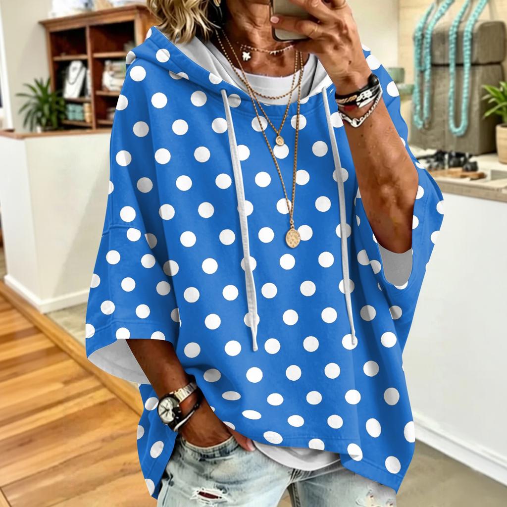 Women's Polka Dot Print Drawstring Hooded Sweatshirt Loose Fit Casual Top