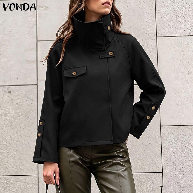 VONDA Autumn Spring Women Stand Collar Button Long Sleeve Casual Loose Short Jacket Gargo Thin Coats