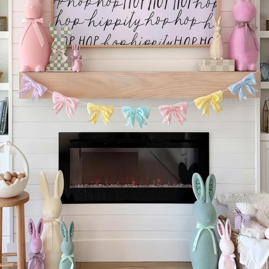 Easter Pastel Bow Garland Banner Spring Velvet Bow Garland Decoration for Table Door Mantel Window Wall Easter Party Supplies