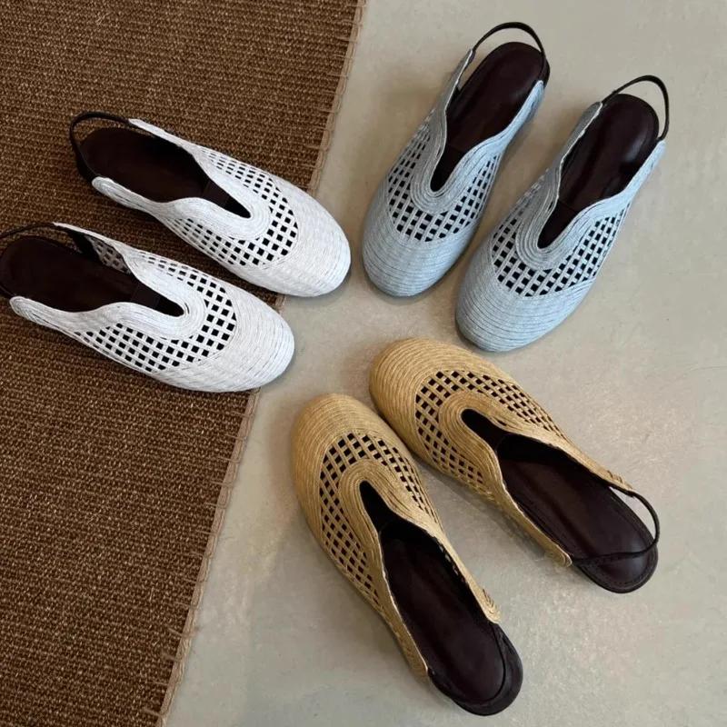 Fashion 2025 Summer Woven Baotou Elasticated Back Cutout Flat Sandals for Women Breathable