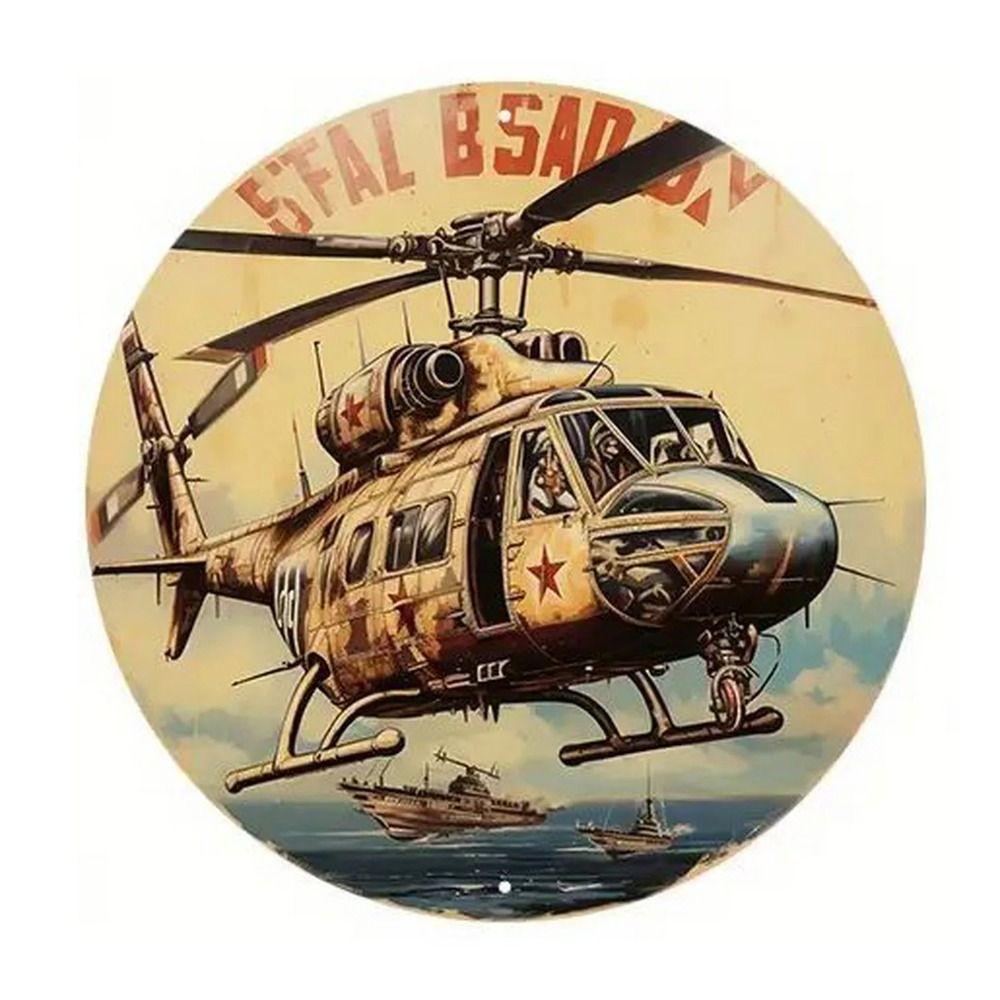 Retro Round Metal Sign Flat Fighter Plane 20x20cm