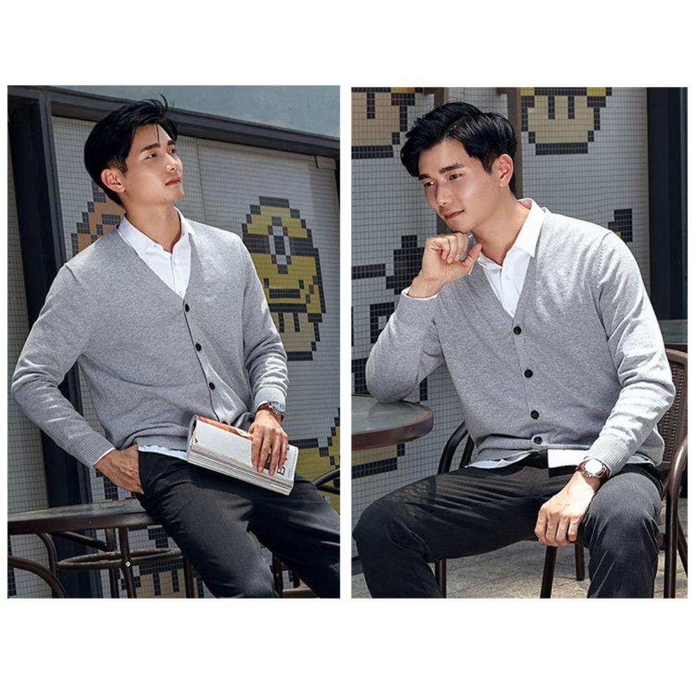Men 100% Cotton V Neck Knit Cardigan, Slim Fit Long Sleeve Korean Style Casual Sweater Jacket for Autumn Winter