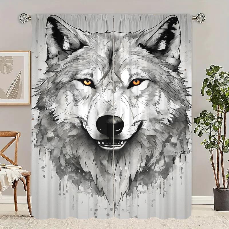2pcs- Sketch Wolf Head Polyester Curtains, Pole Bag Curtains 42*84, Bedroom, Living Room, Home Room Decoration