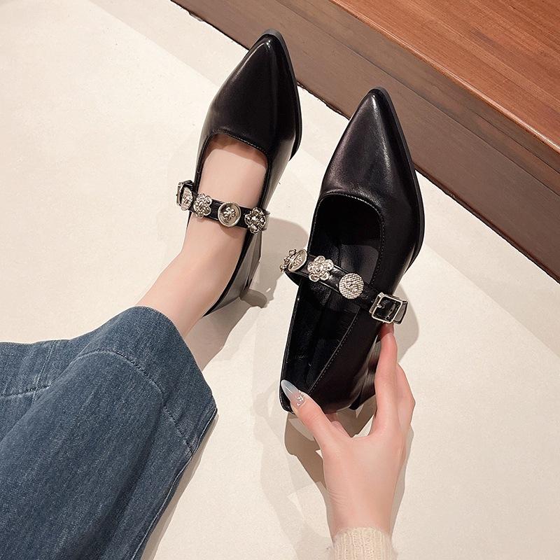 French Pointed Mary Jane Women's Shoes 2025 New Models with Skirts, Light Mouth One-word Metal Buckle Commuter Temperament Single Shoes