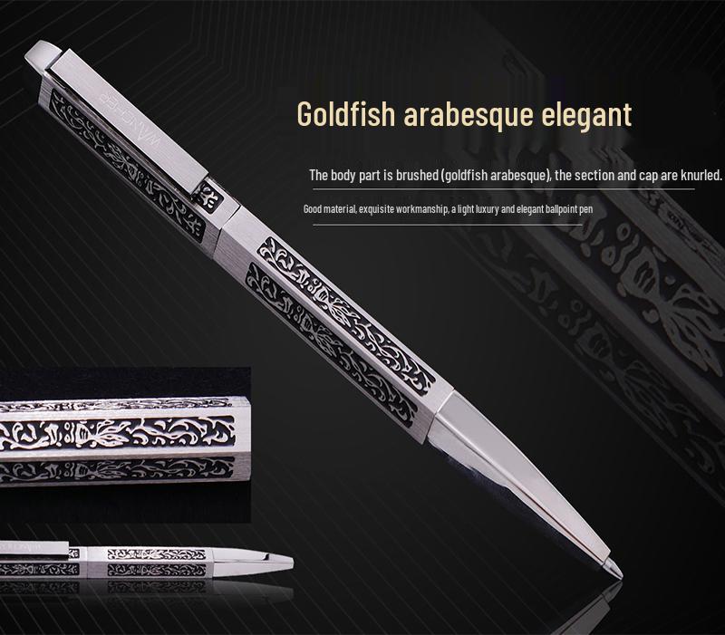 First Flight Goldfish Arabesque Brass Ballpoint Pen, Palladium-Plated 6-Sided Design