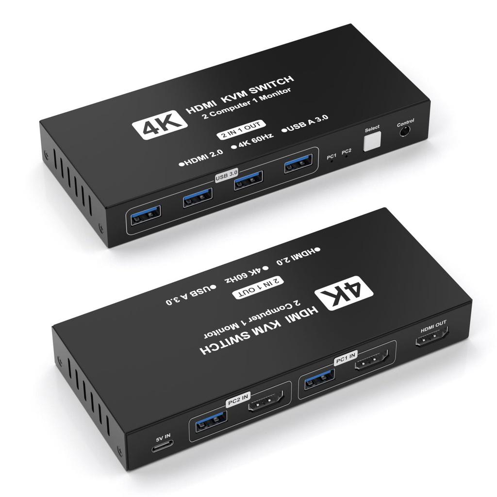 4K60Hz HDMI KVM Switch for 2 PCs, USB 3.0 Connection, Desktop Switching Controller Included, Monitor Sharing, Keyboard & Mouse Switching, Ideal for Of