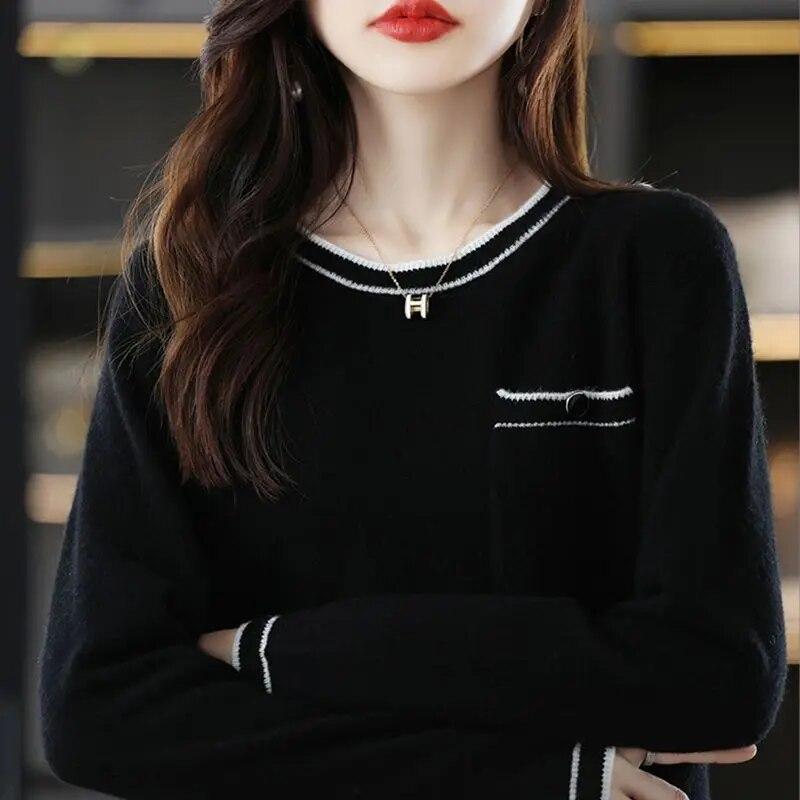 Sweater Pullover Female Spring and Autumn New Loose Colored Collar Round Neck Elegant Wool Knitted Sweater Pullover Female Top