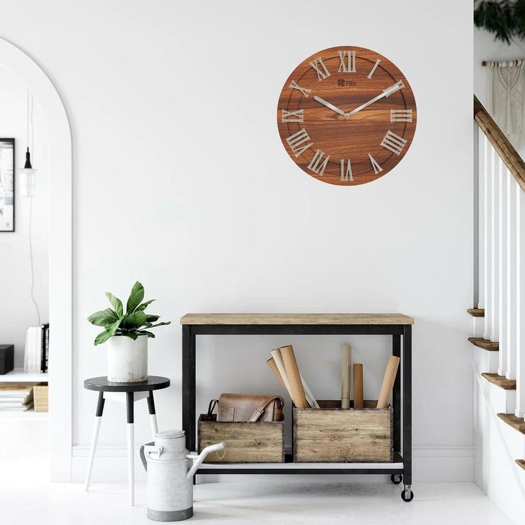 Vintage Design 12 Inch Handcrafted Stylish Elegant Analog Wooden Wall Clock for Living Room Hall Bedroom Office Gifting Asian Red Textured Wood