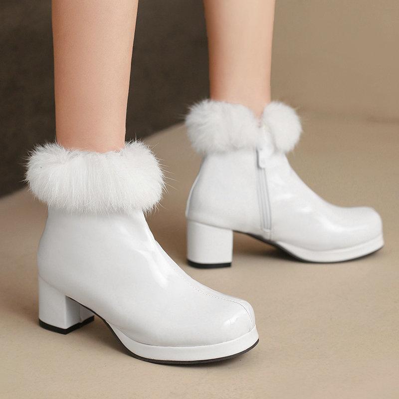 Women's Short Boots Autumn and Winter Patent Leather Thick Heels High Heels Rabbit Fur Side Zipper Warm Cotton Shoes