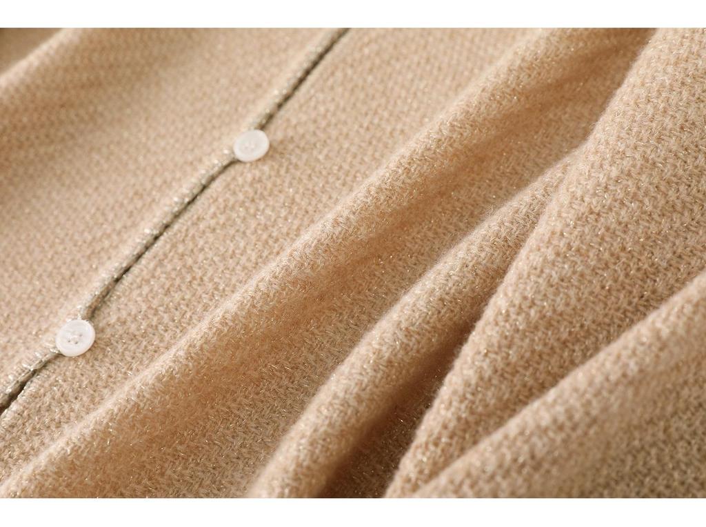 Elegant Lurex-Tassel V-Neck Pure Wool Cardigan: Women's Loose Slimming Knitwear Top