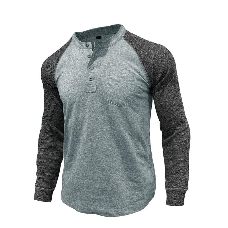 Herren Henley-Hals Raglanärmel T-Shirt Unifarben Patchwork-Tasche Oberteil
