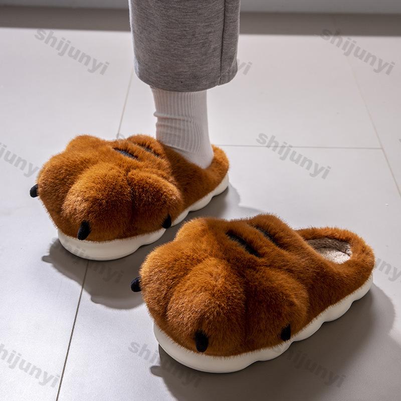 Fashion Cute Cartoon Fluffy Slippers for Women Men Winter Warm Soft Plush Big Paw Anti-slip Couples Indoor Home Non-slip Warm Slippers