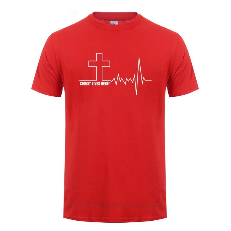 Christ Lives Here Cross Heartbeat Christian Jesus Faith Inspirational T Shirt TShirt For Men Male Short Sleeve Cotton Tshirt