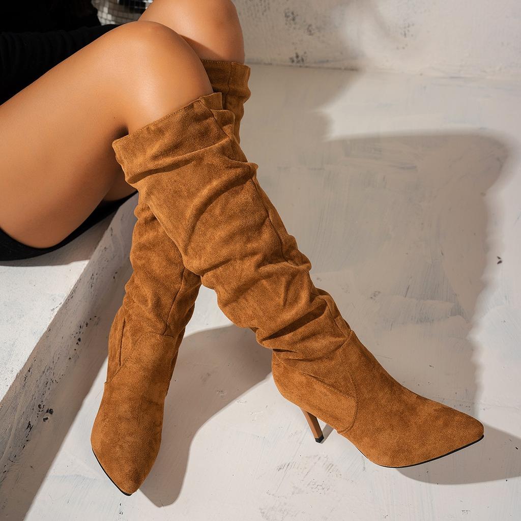 Fashion Vintage Pleated Women Knee High Boots Fashion Pointed Toe High Heels Shoes Autumn Winter Ladies Sexy Long Boots Zapatos De Mujer
