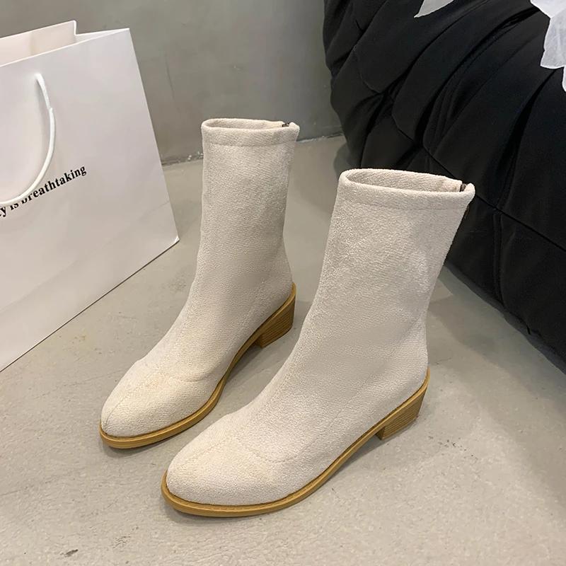 

Мода 2024 Новая обувь Женская молния Женские ботинки Зима Острый носок Замша Однотонные Короткое голенище Низкий каблук Модные ботинки Zapatos De Mujer 40 покинуть белый