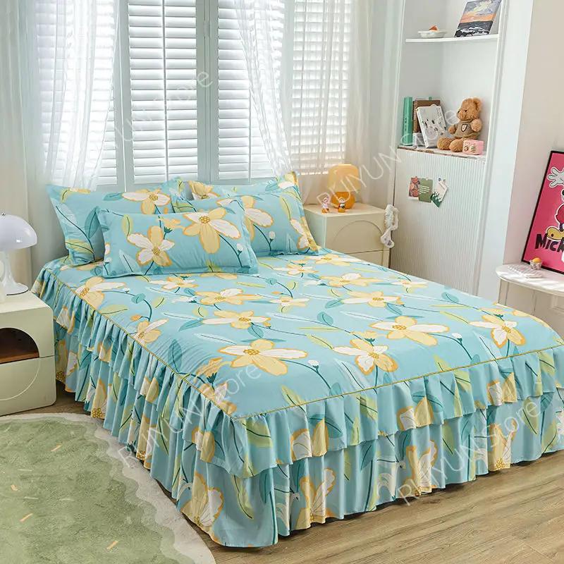 Dvouvrstvá postelová sukně, protiskluzový chránič matrace, květinový tištěný princeznovský přehoz, přehoz na postel, prostěradlo, dekorace