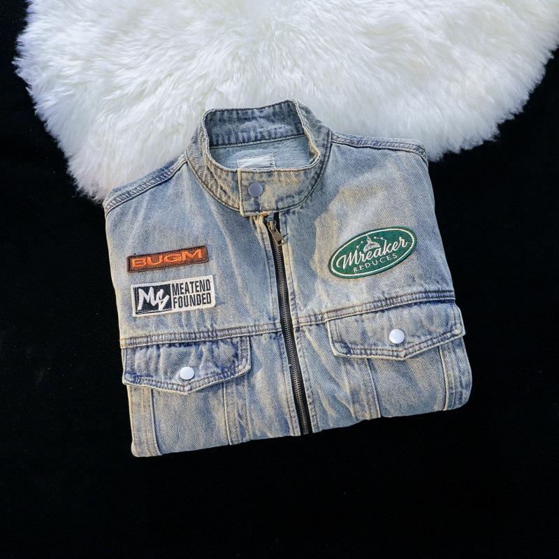 American High Street Vintage Denim Jacket - Unisex, Washed & Distressed, Autumn Trendy, Loose Fit, Casual Motorcycle Style