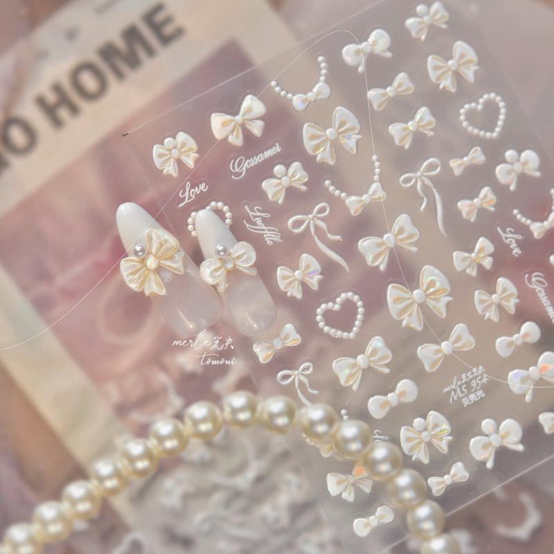 Heart Pearl Nail Stickers Small Fresh White Bow Ribbon Nail Charms Stickers Self Adhesive Nails 3D Decorations Parts Diy Decals