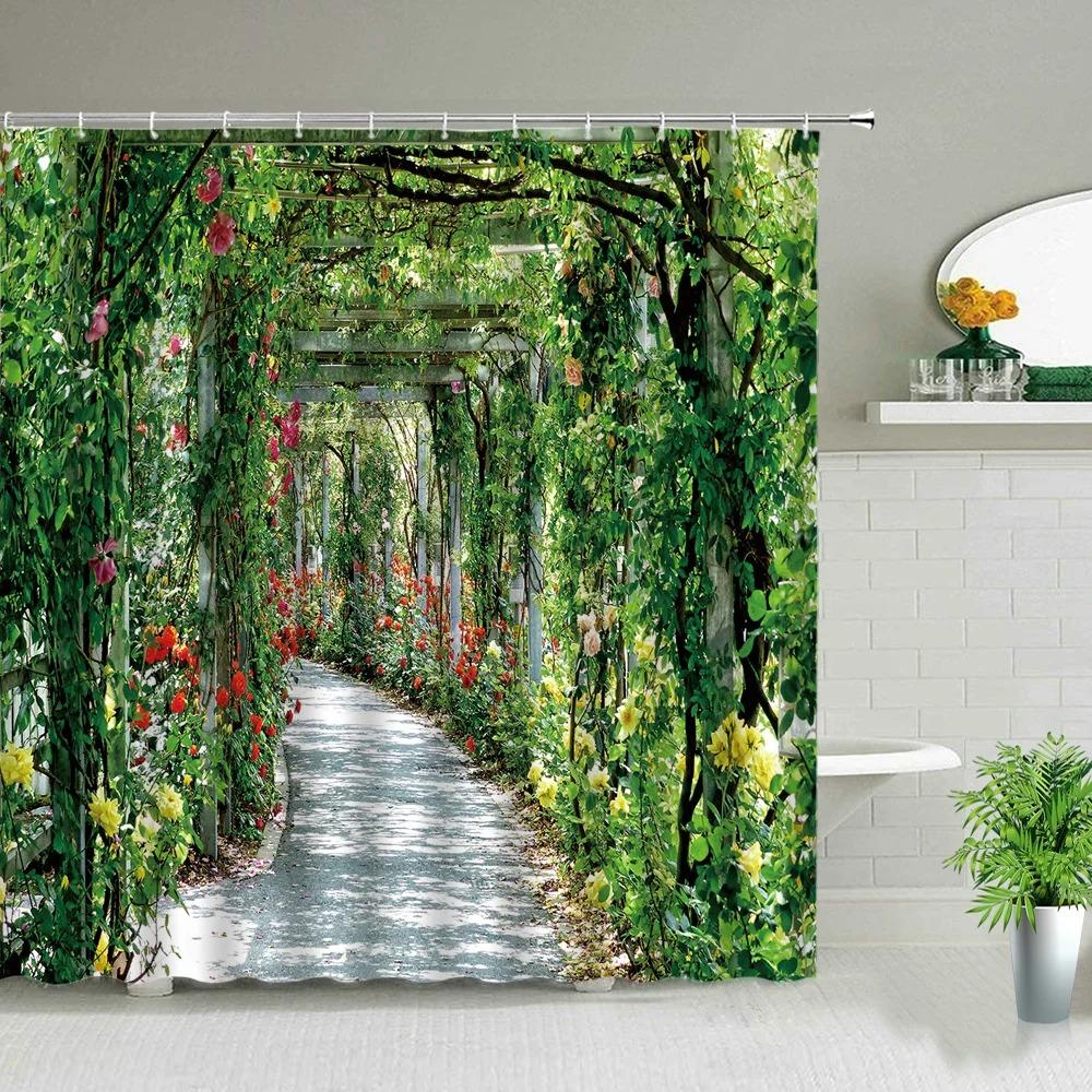 Forest Landscape Shower Curtains Green Tropical Plant Palm Tree Flower Leaves Garden Natural Scenery Bath Curtain Bathroom Decor
