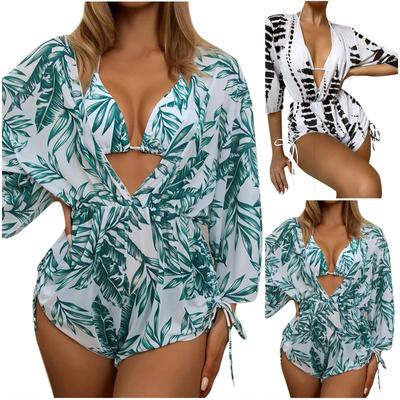Kadın Modası Bölünmüş Bikini Baskılı Plaj Elbisesi Takımı (Çelik Sütyensiz Göğüs Destekli 3 Takım)