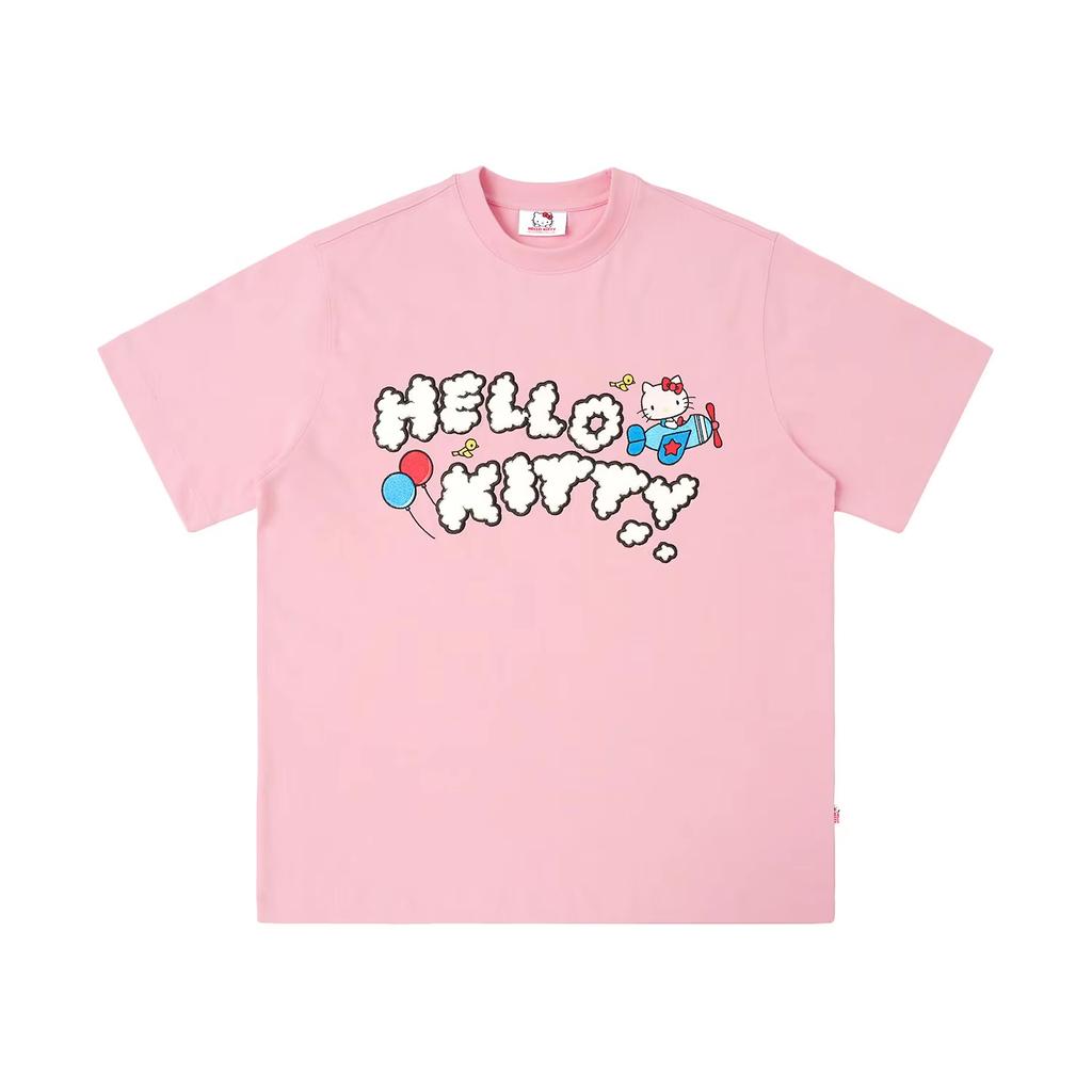 2026 Cute Hello Kitty Print T-Shirt, Ulzzang Oversized Tee Decorated with Kitty, Airplane and Balloon Prints, Perfect for Daily T-Shirt