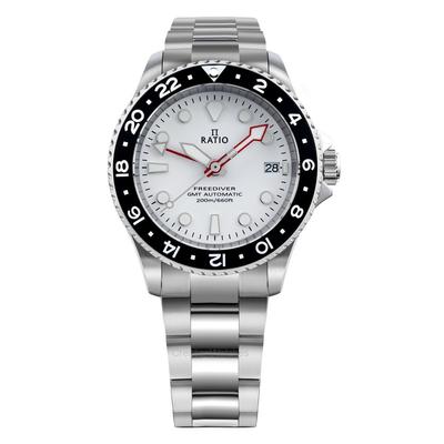 Reloj automático para hombre FreeDiver GMT Series con esfera blanca y zafiro, RTF057, 200 m