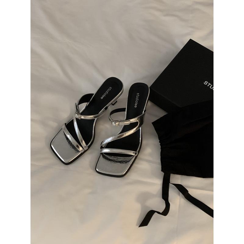 

~ Temperament square head open-toed thin strap one-word strap high heels versatile sandals female summer 34 серебряный