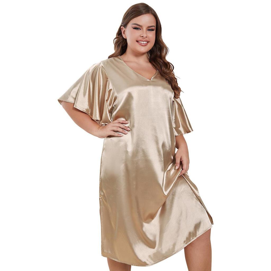 Women’s Nightgowns Simulation Silk Plus Size Sleepshirts Short Sleeves Satin Sleep Lounge Wear Large Pajamas Dresses 1XL-4XL Home Clothing KTB