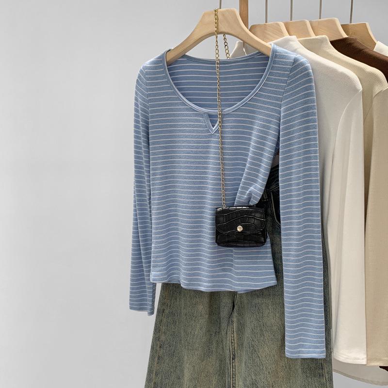 Women s Slim Fit Striped Round Neck Base Layer T-Shirt, New Autumn/Winter 2025, Figure-Flattering Design for Inner Wear. XL