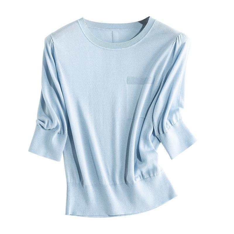 Summer new mulberry silk thin and versatile basic five-quarter-sleeved medium-sleeved knitted sweater solid color thin round neck shirt women