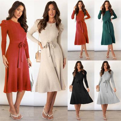Bubble Long Sleeve Slimming High Waist Big Swing Dress Sweater Dress Mid-Length Base Knitted Dress