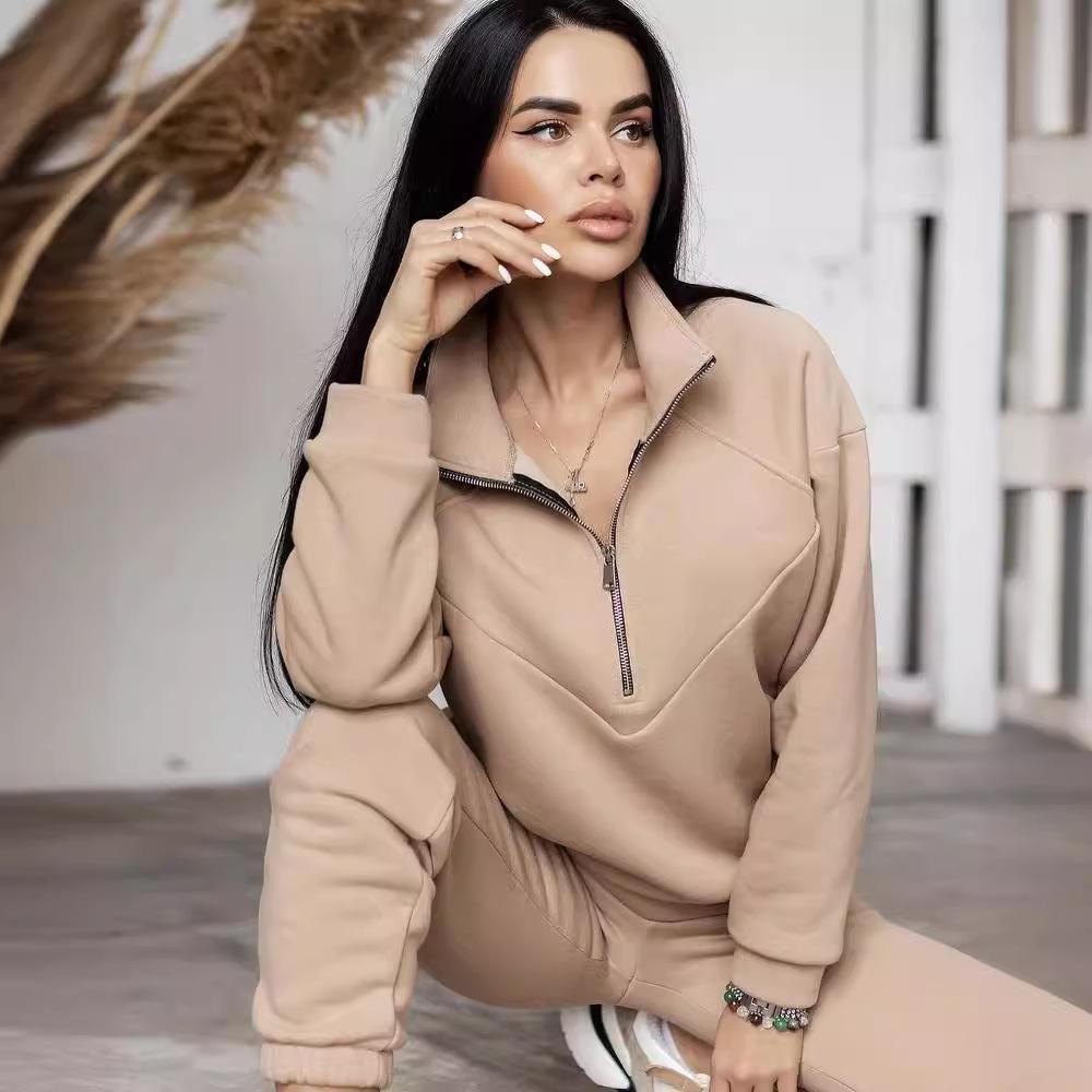 Conjunto Casual de Moletom com Capuz de Duas Peças Primavera/Outono 2024: Fleece de Cor Sólida de Manga Comprida
