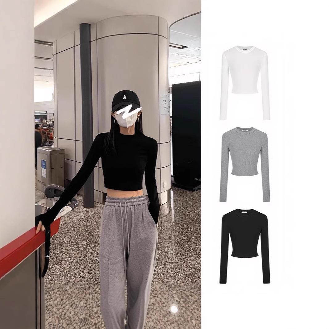 

2025 Spring Korean Style Versatile Slimming Long Sleeve Solid Color Women s T-shirt S