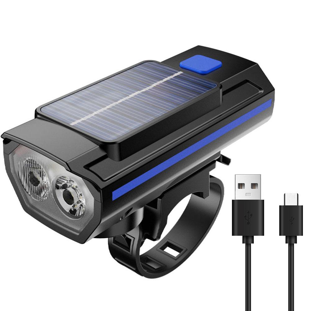

Solar LED Bicycle Light USB Charging MTB Road Bike Front Lamp Waterproof Bike Handlebar Flashlight with Horn Bicycle Accessories синій