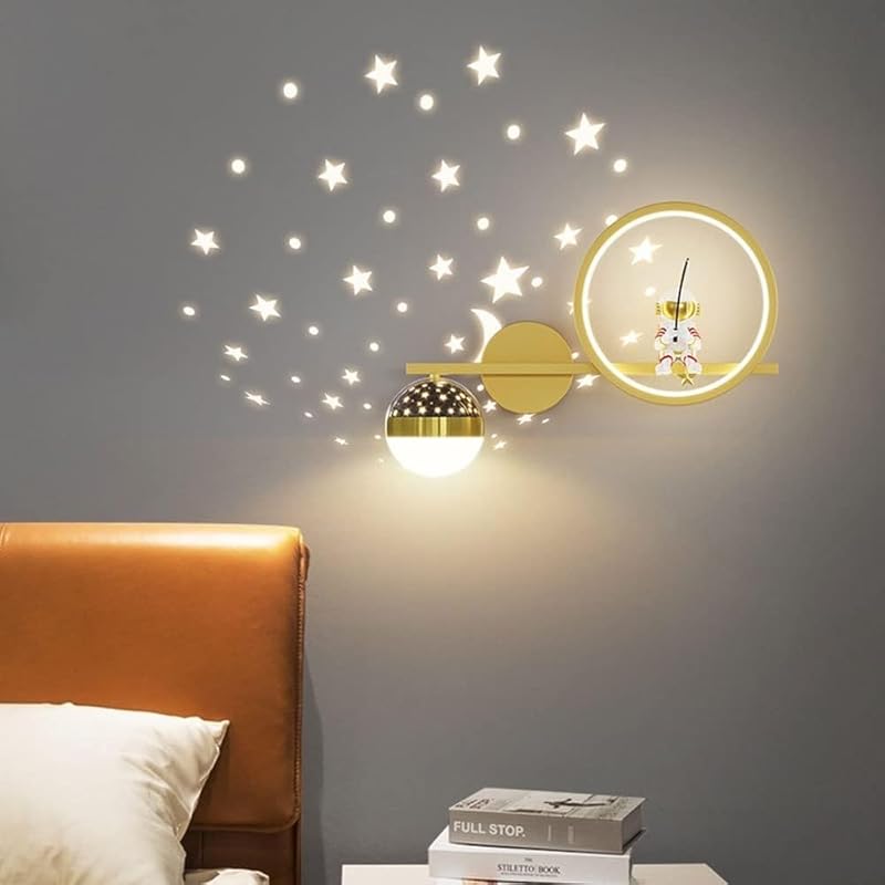Astronaut Dimmable LED Wall Sconces for Kids Bedroom Moon Star Projection Ball Mid Century Modern Wall Light Gold White Black Bedside Wall Mounted