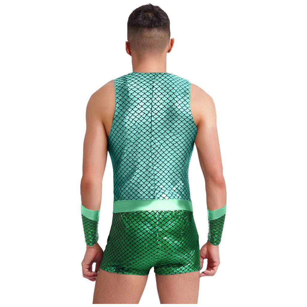 Men Sleeveless Fish Scales Print Bodysuit Sea King Sea God Halloween Cosplay Arm Sleeves Costume
