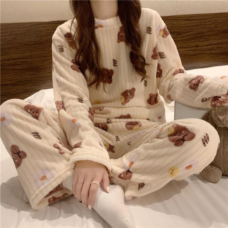 Warm Thickened Women Casual Loose Bear Bow Tie Apple Pajamas Set Sweet Cute Homewear Can Be Worn Outside Fall Winter Outfit