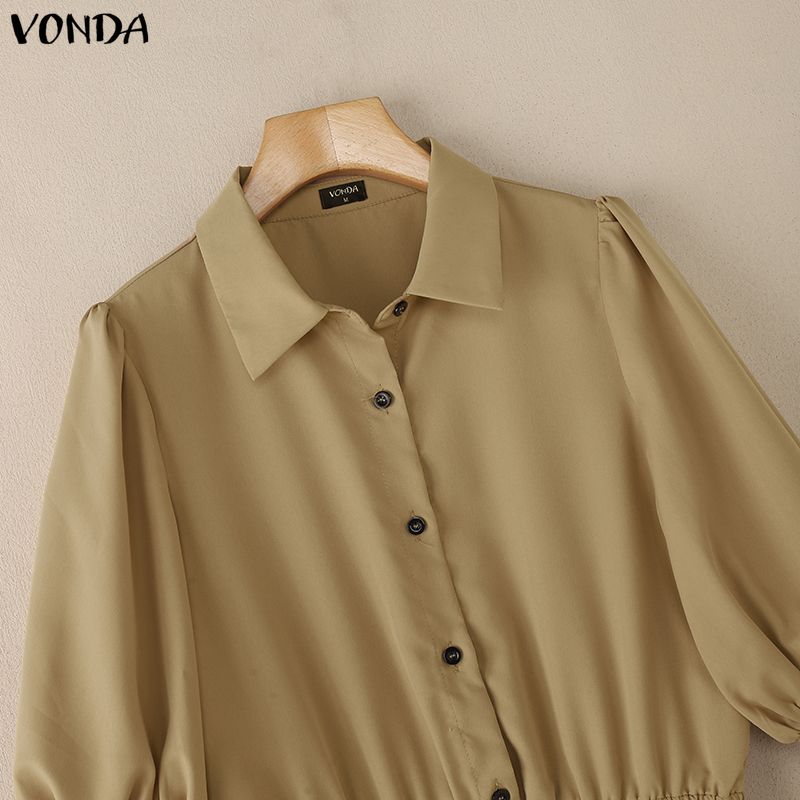 VONDA Women Lapel Collar Half Sleeve Loose Casual Short Jumpsuits Rompers Overalls