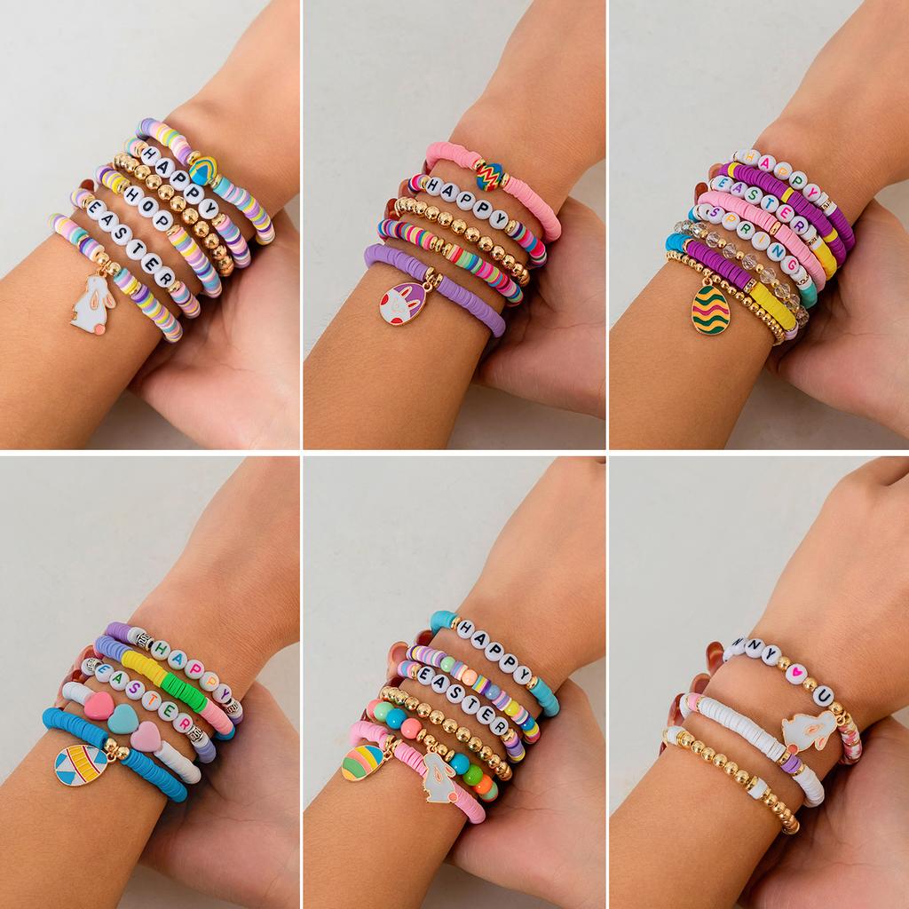 Easter Easter Soft Pottery Letter Bracelet Set, Colored Love Rabbit Bracelet