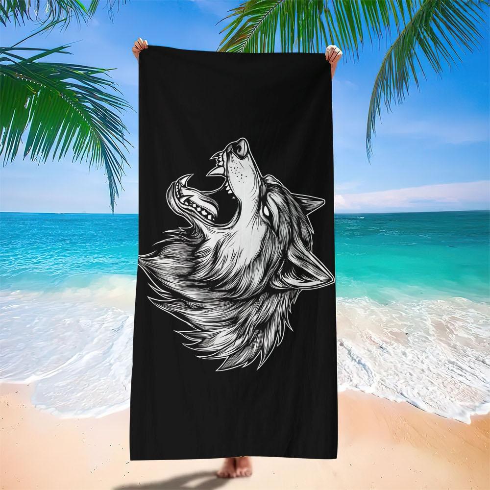1pc Microfiber Large Beach Towel with Wolf Design - Extra Absorbent, Quick-Drying, Lightweight & Compact for Travel, Swimming