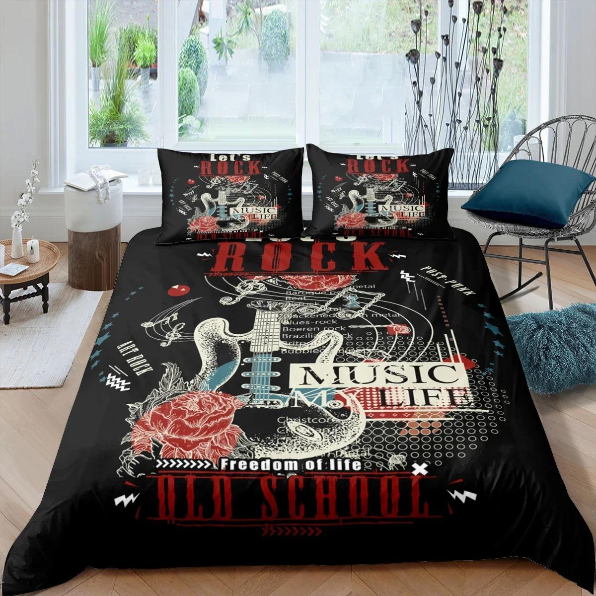 

Elegant Vibrant King Queen Rock Music Electric Guitar Punk Style Youth Fashion Hip Hop 3D Polyester Comforter Comforter (quilt)-EU Single(135*200cm)3pcs