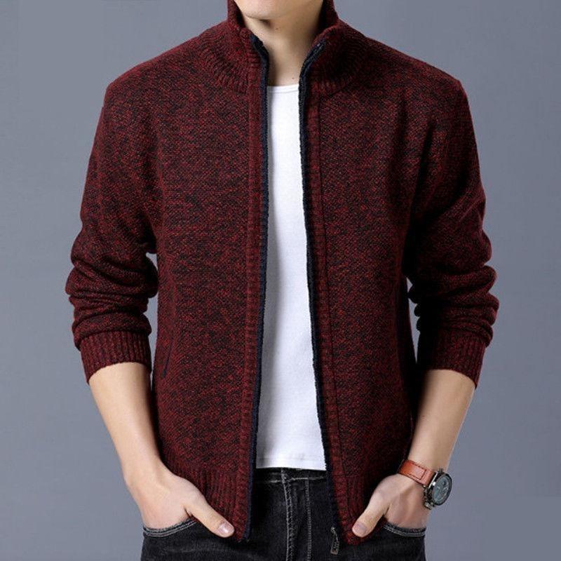 Herren Warmer Fleecegefütterter Strickjackenpullover mit Reißverschluss - Einfarbig, Stehkragen, Übergröße, Lässige Winterbekleidung.