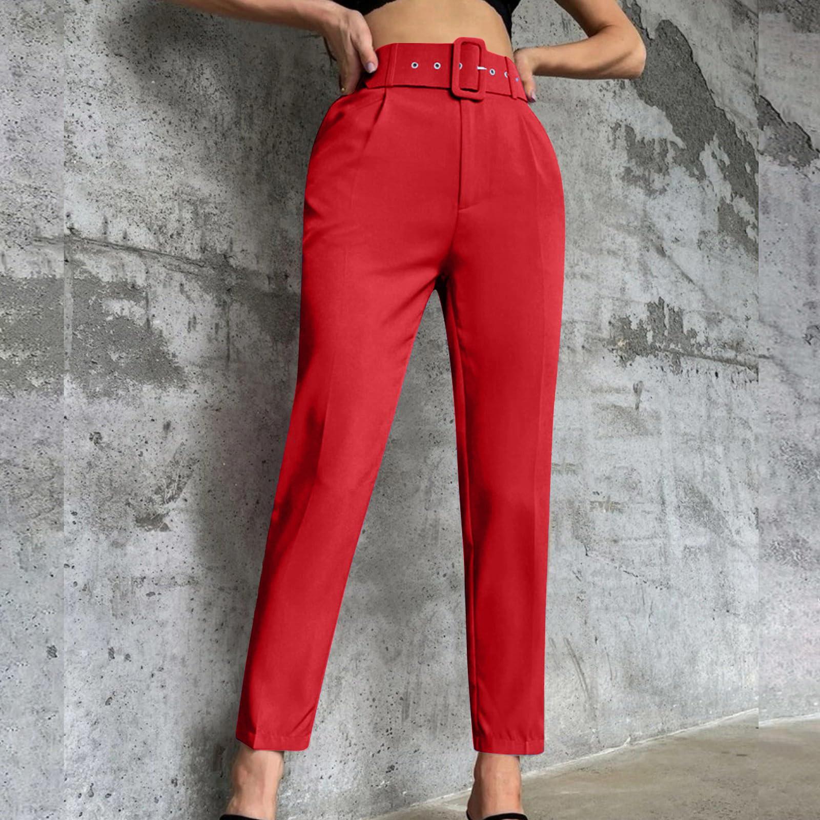 

Женские однотонные повседневные брюки, облегающий крой, пояс с отделкой, прямые брюки с узором «девять точек» M красный