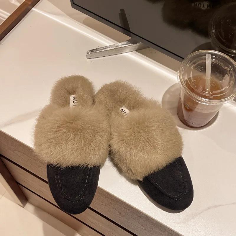 Fashion Slip On Simple Shoes Outwear Woman Warm Shoes Mules Natural Suede Flat Shoes for Women SlippersMules Women's Fur Flats Slippers