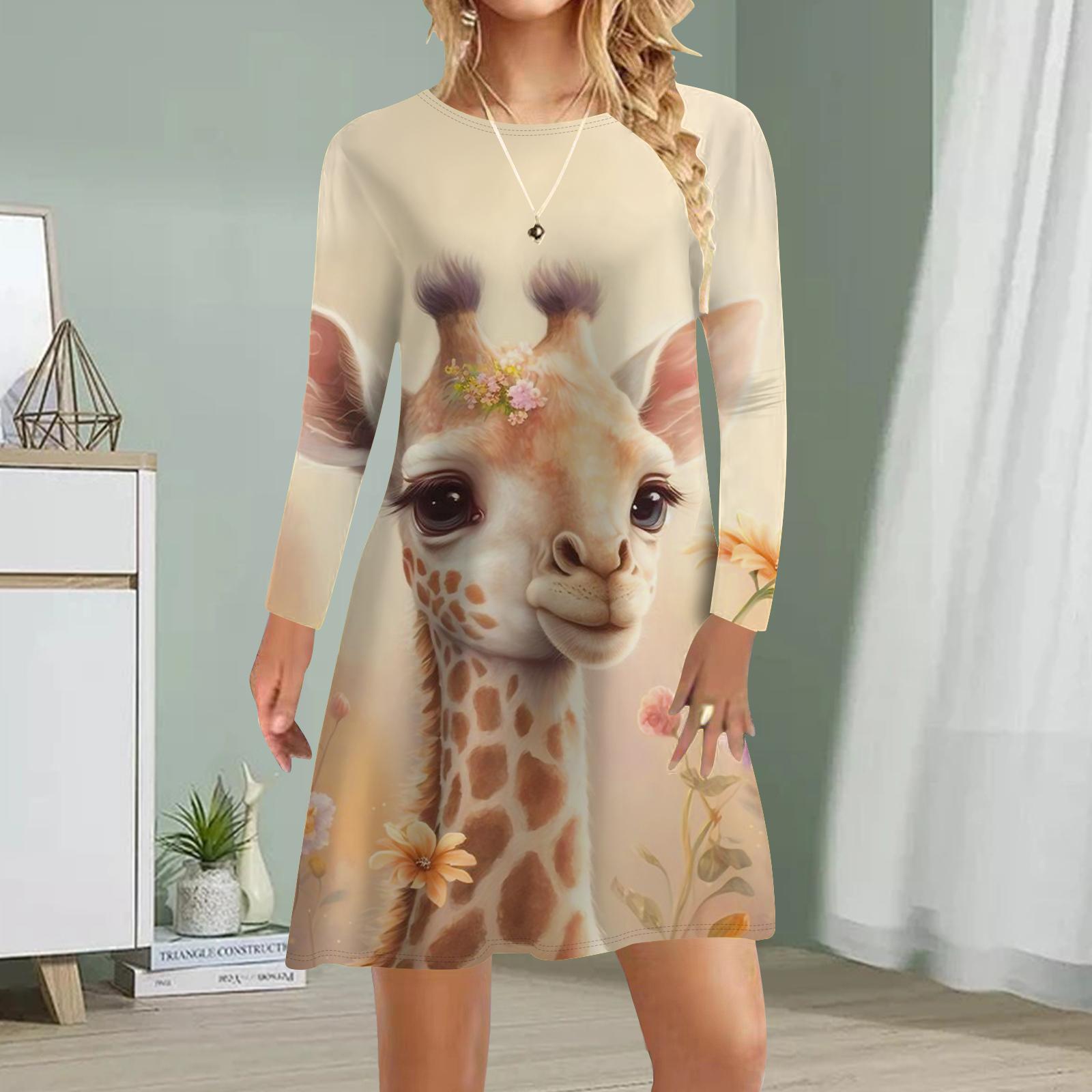 

Женское повседневное платье Осеннее платье с принтом жирафа для женщин Платье с коротким рукавом и круглым вырезом Плюс Размер XS дубильная кора