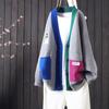 Women Sweaters V Neck Long Sleeved Cardigan Jumpers Knit Patchwork Loose Sweater Thick Spliced Elegant Outwear Pockets